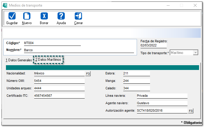Registro y Configuración de Medios de transporte